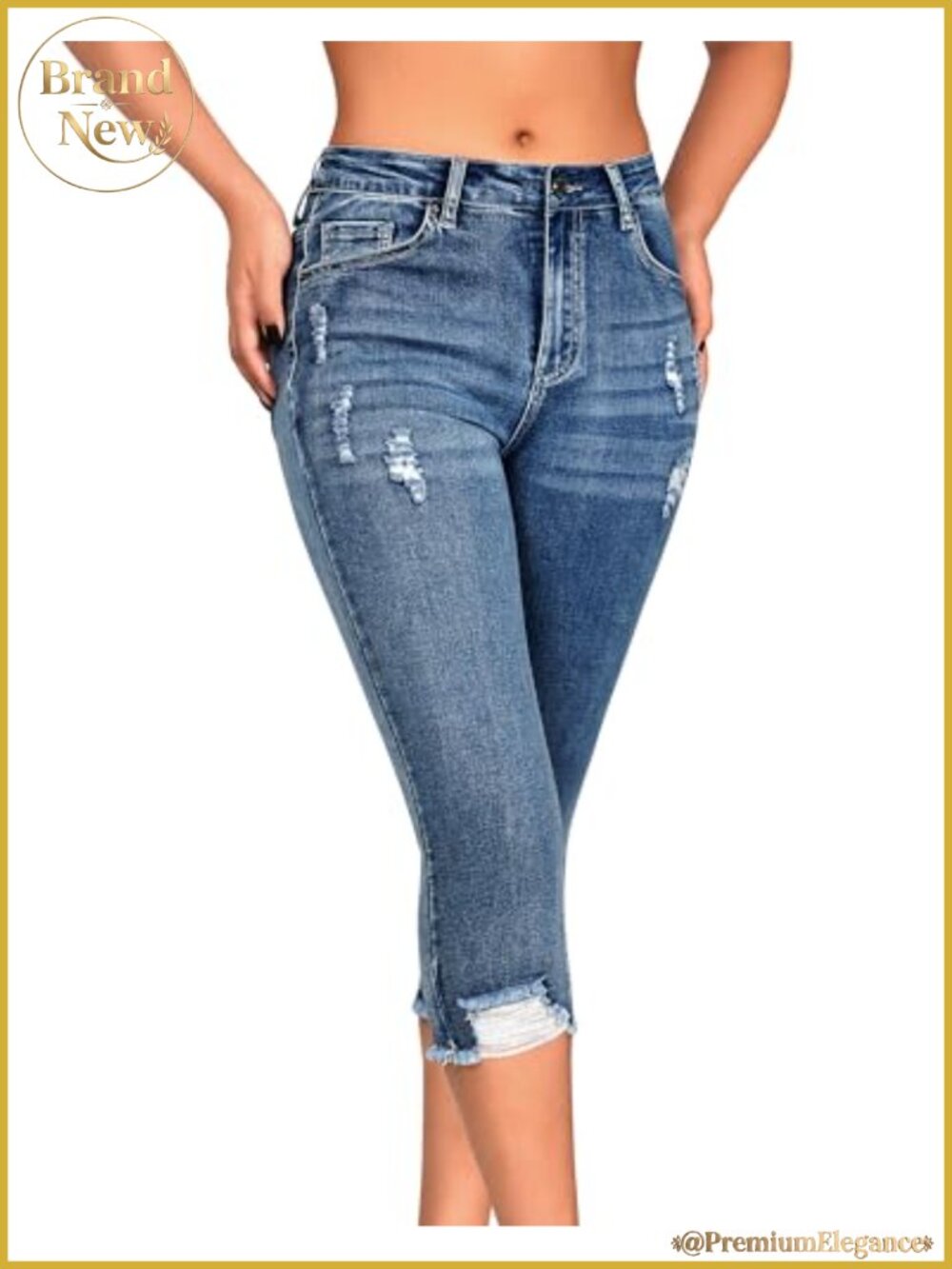 Women's Mid Rise Skinny Capri Jeans Ripped Stretch Cropped Distressed Denim